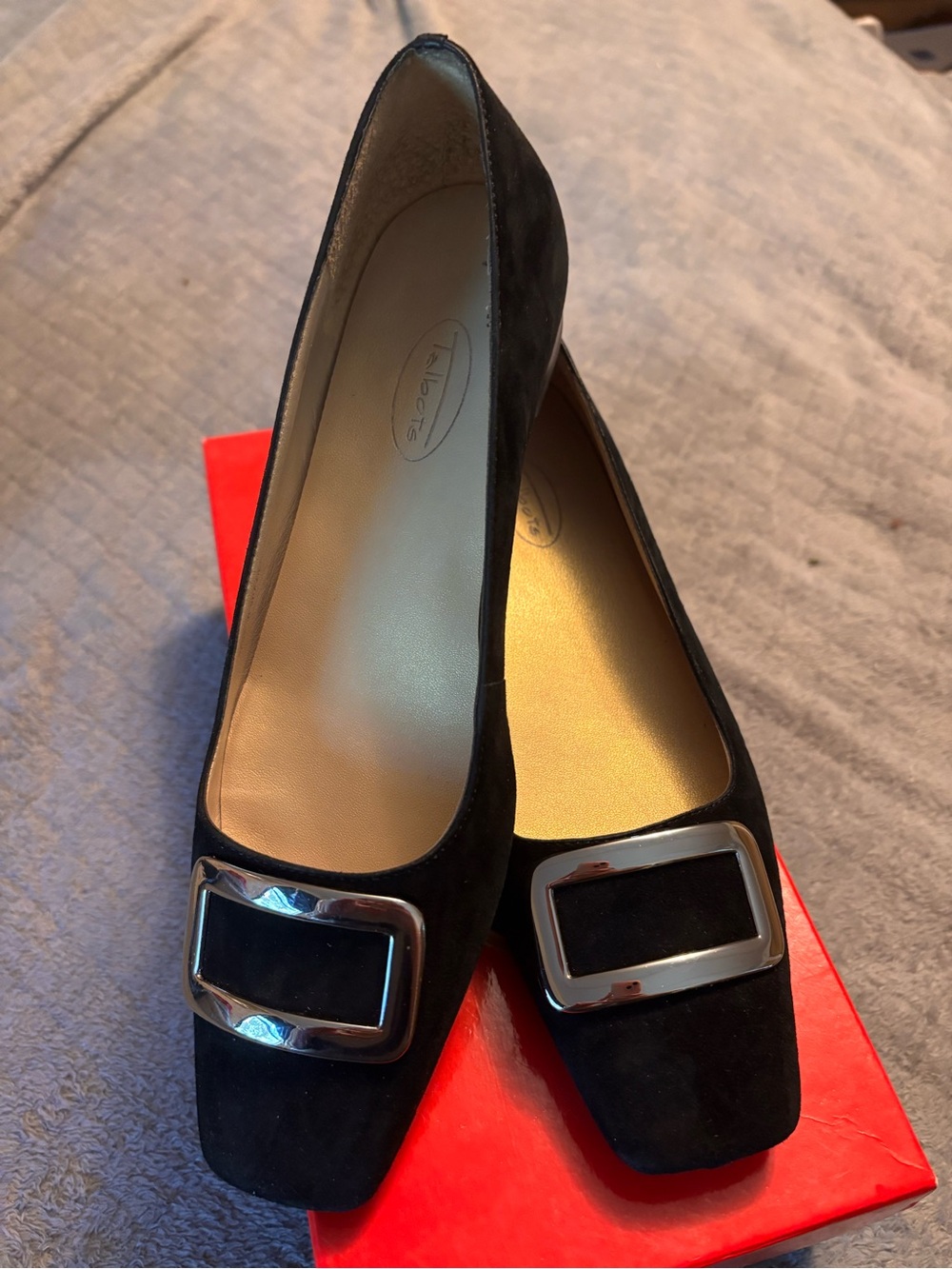 Talbots Black Suede Flats with Silver Buckle